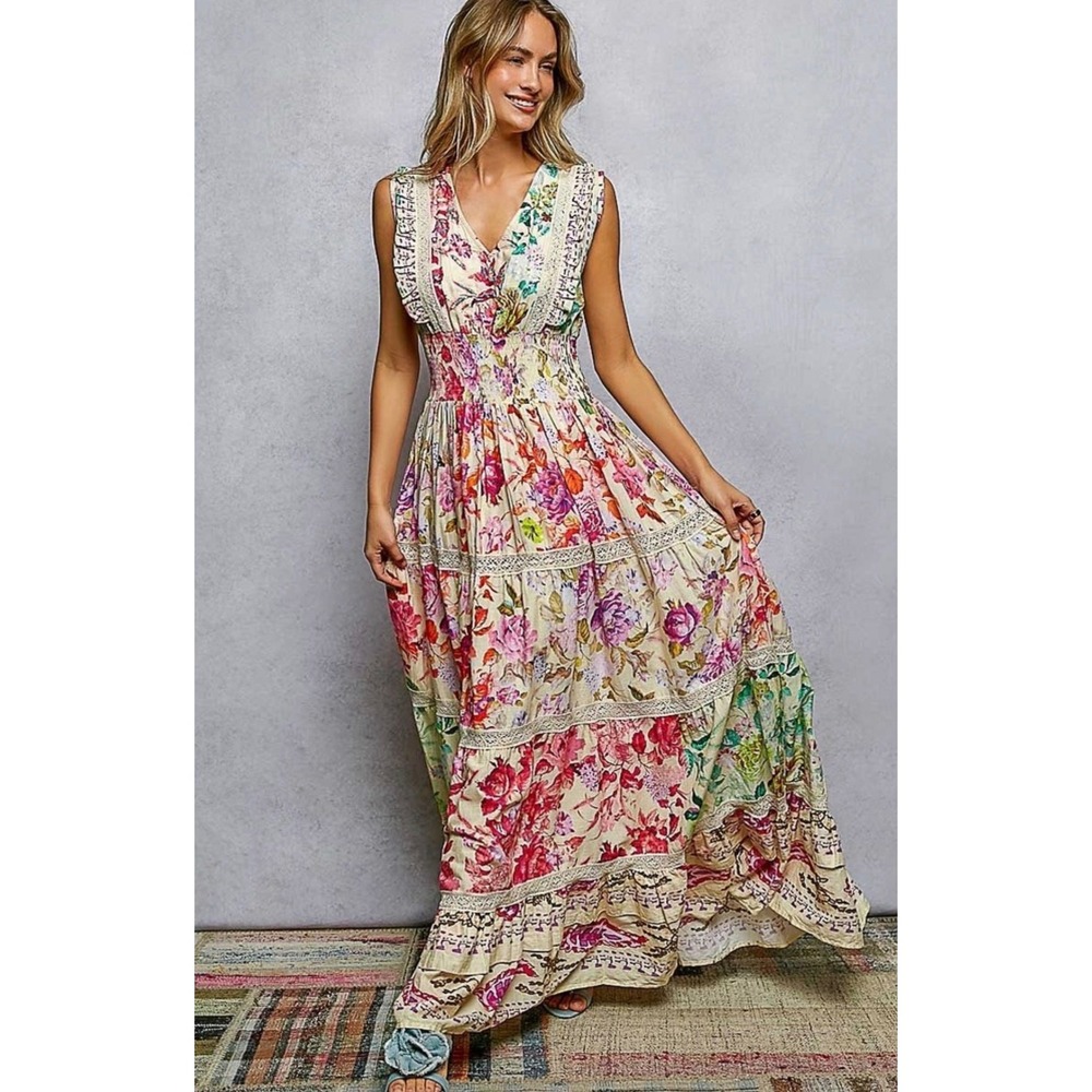 POL Floral Cotton Smocked Waist V-Neck Maxi Dress Sleeveless Tiered Boho Large - Picture 2 of 5